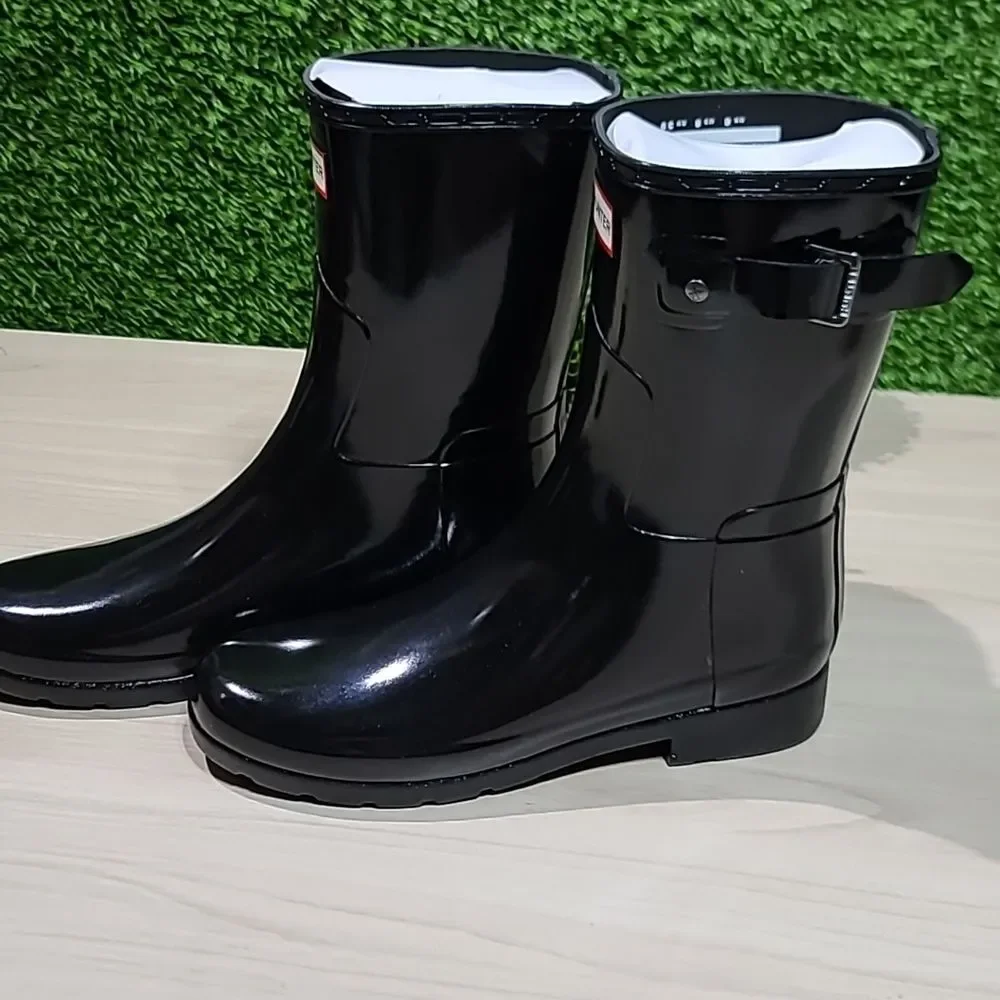 Hunter Refined Short Gloss Boots Black - UK 6 (US Women's 8) New
